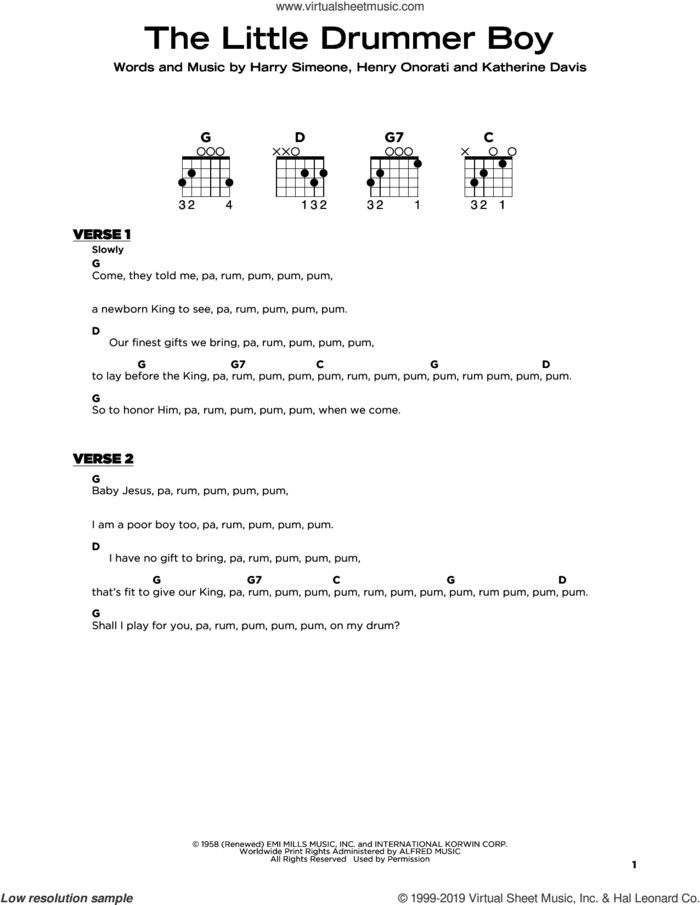The Little Drummer Boy, (beginner) sheet music for guitar solo by Katherine Davis, Harry Simeone and Henry Onorati, beginner skill level