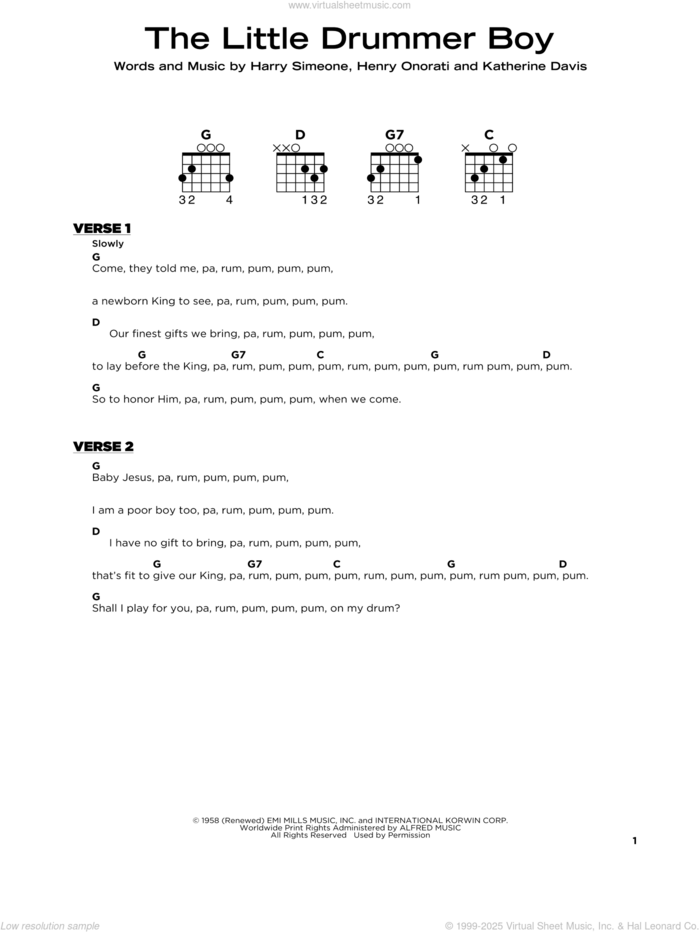 The Little Drummer Boy, (beginner) sheet music for guitar solo by Katherine Davis, Harry Simeone and Henry Onorati, beginner skill level