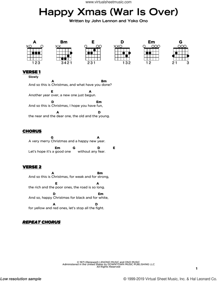 Happy Xmas (War Is Over) sheet music for guitar solo by John Lennon and Yoko Ono, beginner skill level