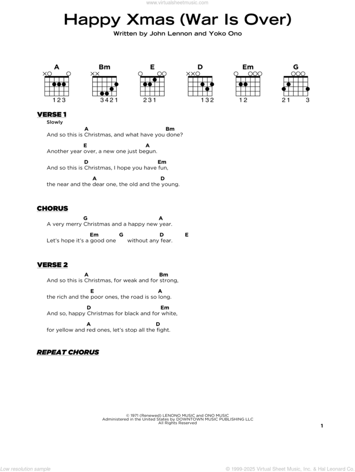 Happy Xmas (War Is Over), (beginner) sheet music for guitar solo by John Lennon and Yoko Ono, beginner skill level