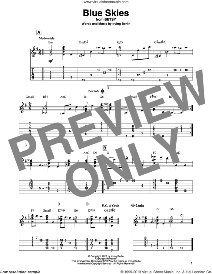 Blue Skies sheet music for guitar solo by Irving Berlin and Jeff Arnold, intermediate skill level