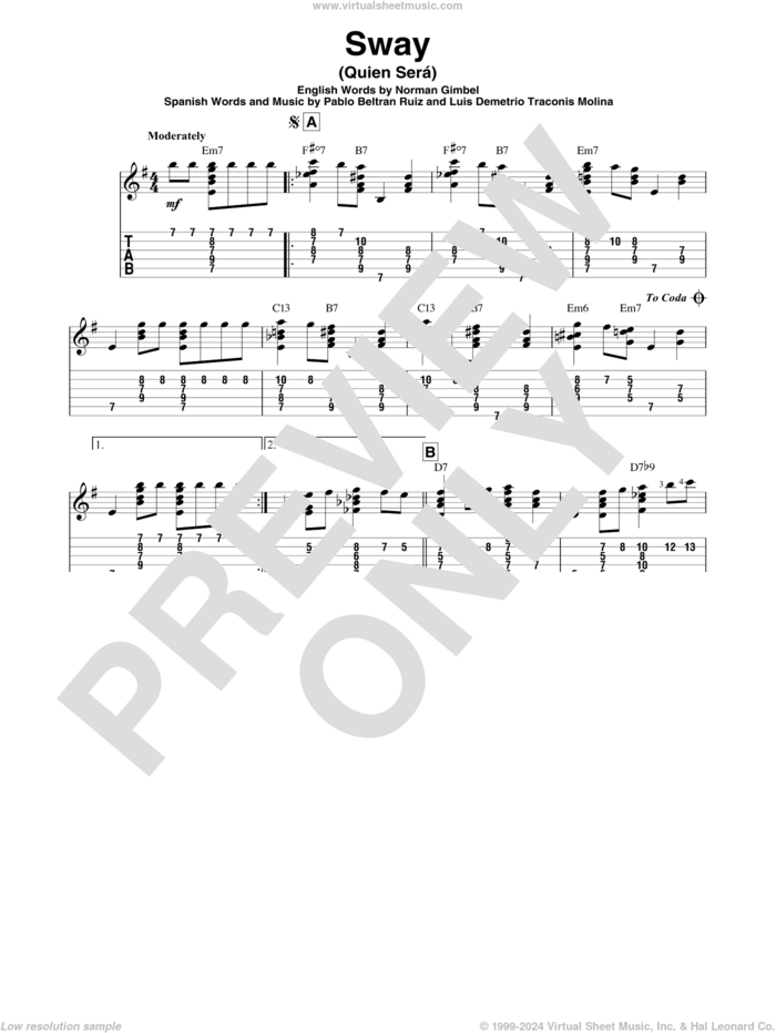 Sway (Quien Sera) sheet music for guitar solo by Dean Martin, Luis Demetrio Traconis Molina, Norman Gimbel and Pablo Beltran Ruiz, intermediate skill level