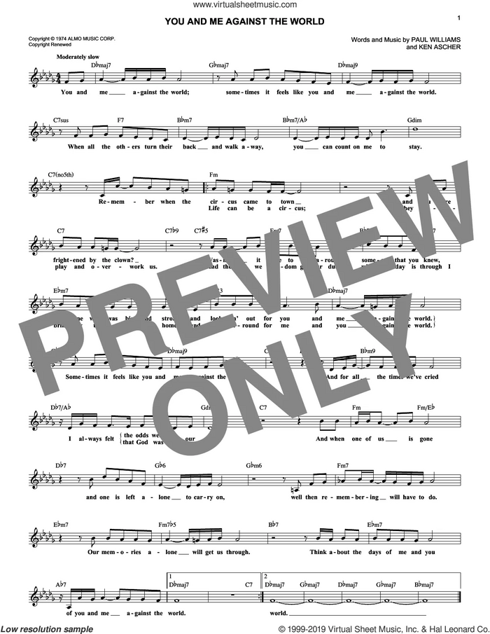 You And Me Against The World sheet music for voice and other instruments (fake book) by Helen Reddy, Ken Ascher and Paul Williams, intermediate skill level