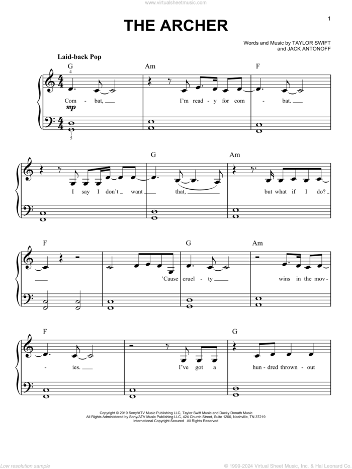 The Archer, (easy) sheet music for piano solo by Taylor Swift and Jack Antonoff, easy skill level