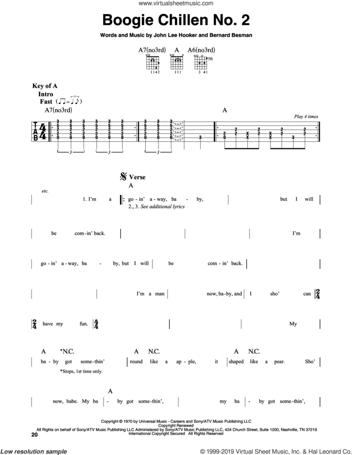 Boogie Chillen No. 2 sheet music for guitar solo (lead sheet) by John Lee Hooker and Bernard Besman, classical score, intermediate guitar (lead sheet)