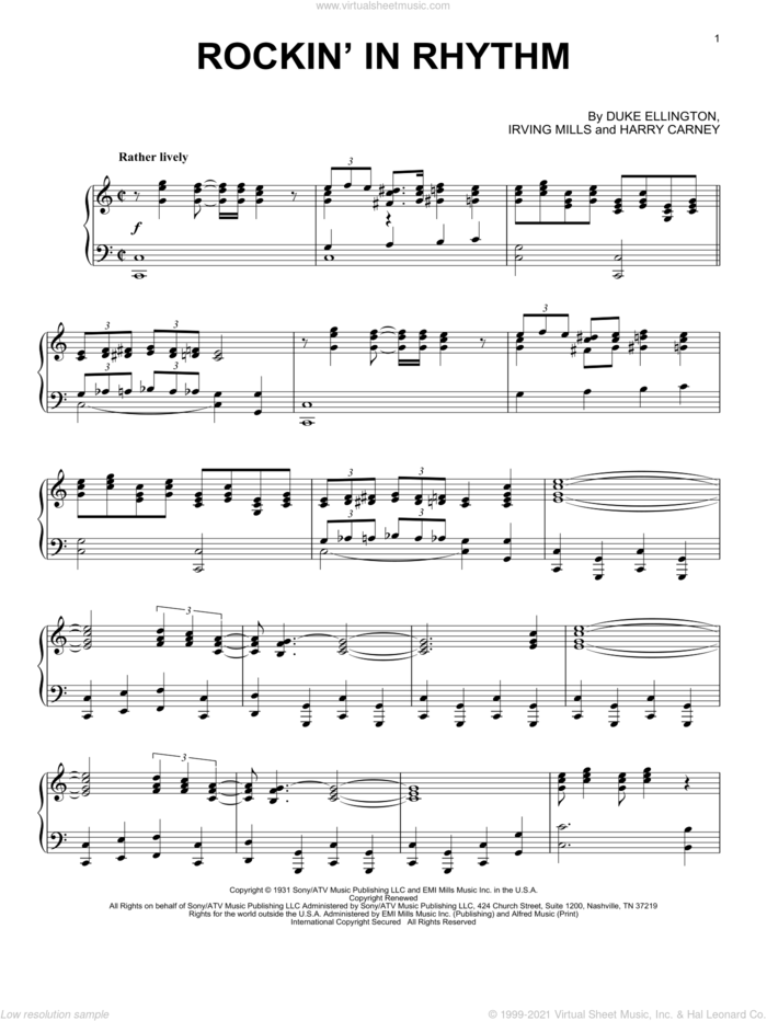 Rockin' In Rhythm sheet music for piano solo by Duke Ellington, Harry Carney and Irving Mills, intermediate skill level