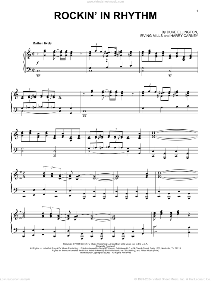 Rockin' In Rhythm sheet music for piano solo by Duke Ellington, Harry Carney and Irving Mills, intermediate skill level