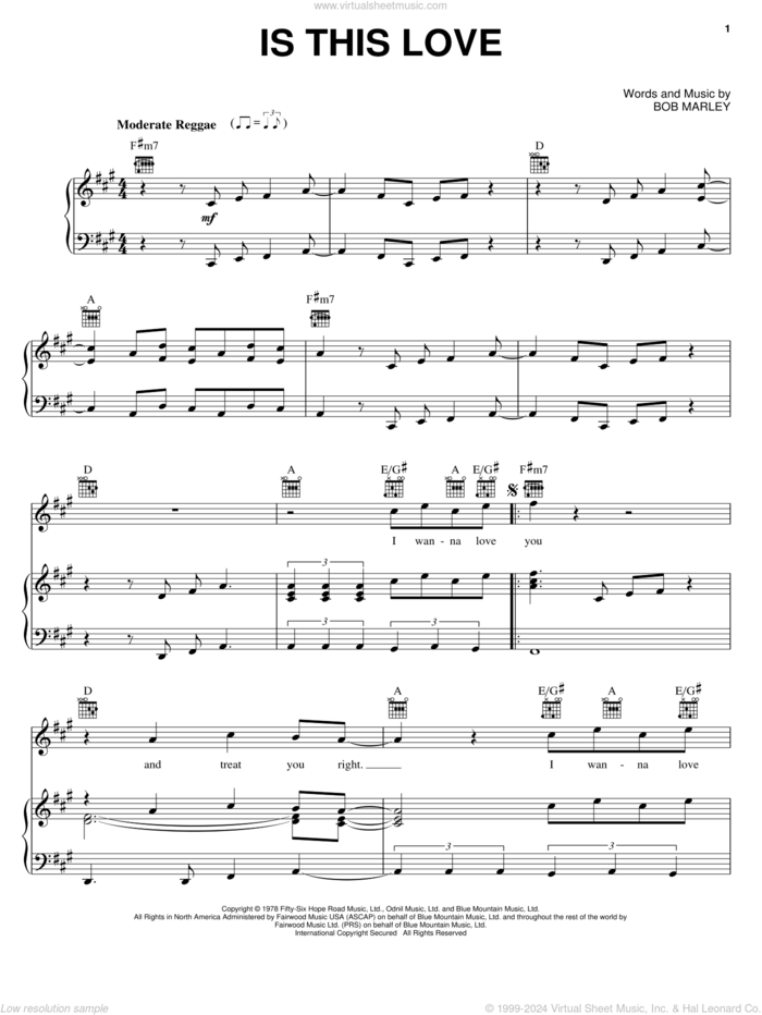 Is This Love sheet music for voice, piano or guitar by Bob Marley, intermediate skill level