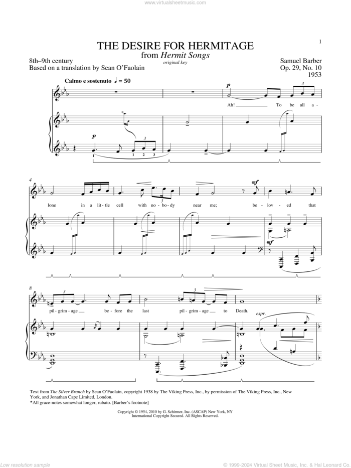 Desire For Hermitage, Op. 29, No. 10 sheet music for voice and piano (High Voice) by Samuel Barber and Richard Walters, classical score, intermediate skill level