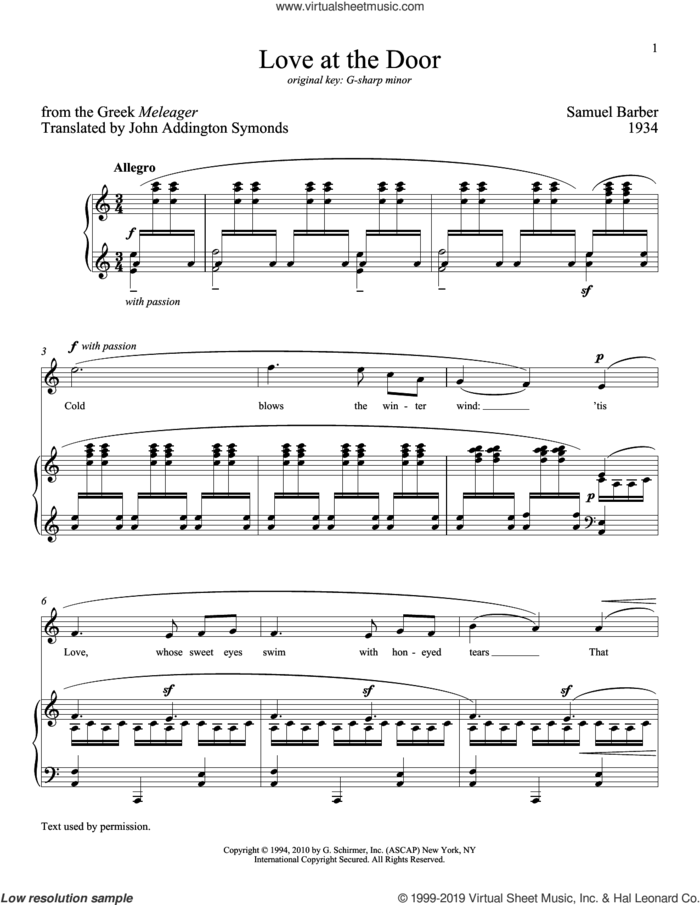 Love At The Door sheet music for voice and piano (High Voice) by Samuel Barber, Richard Walters and John Addington Symonds, classical score, intermediate skill level