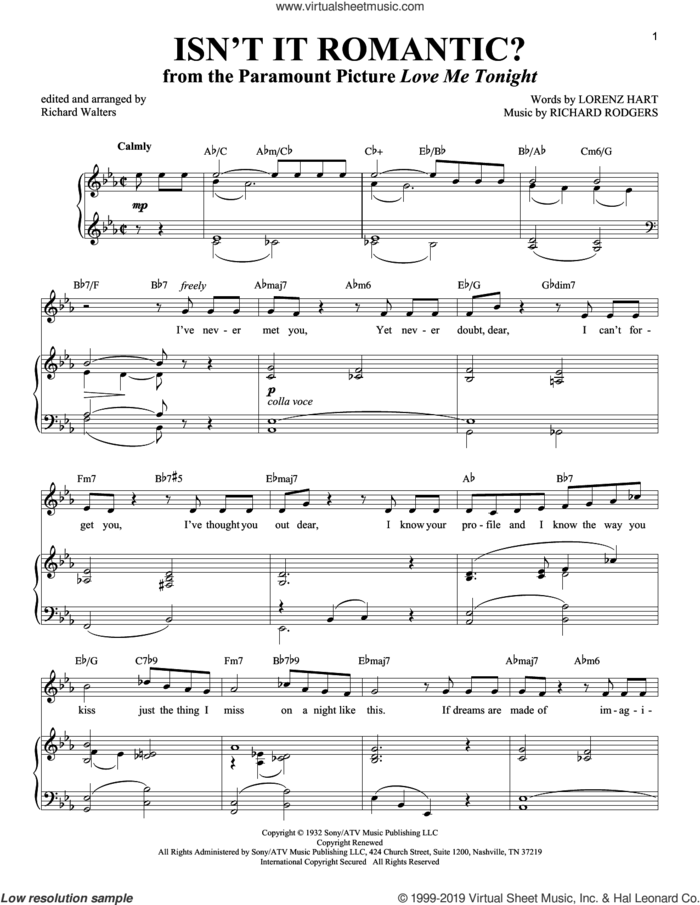 Isn't It Romantic? sheet music for voice and piano (Soprano) by Rodgers & Hart, Richard Walters, Lorenz Hart and Richard Rodgers, intermediate skill level