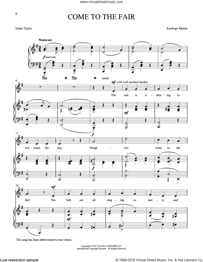 Come To The Fair sheet music for voice and piano by Helen Taylor and Easthope Martin, classical score, intermediate skill level