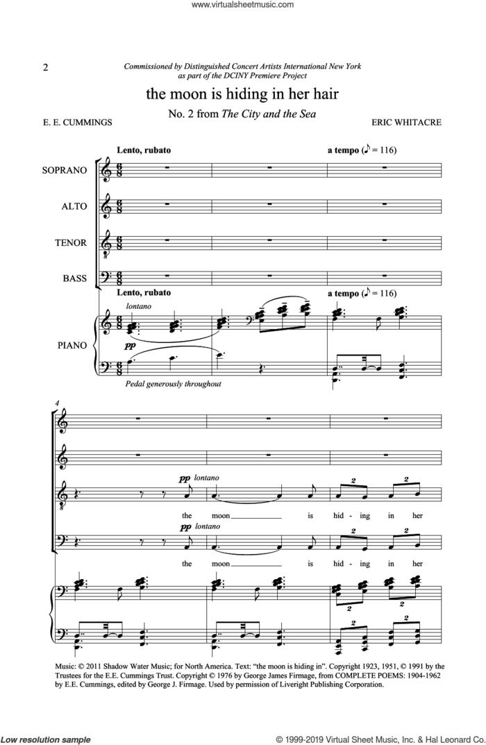 The Moon Is Hiding In Her Hair (from The City And The Sea) sheet music for choir (SATB: soprano, alto, tenor, bass) by Eric Whitacre and E.E. Cummings, intermediate skill level
