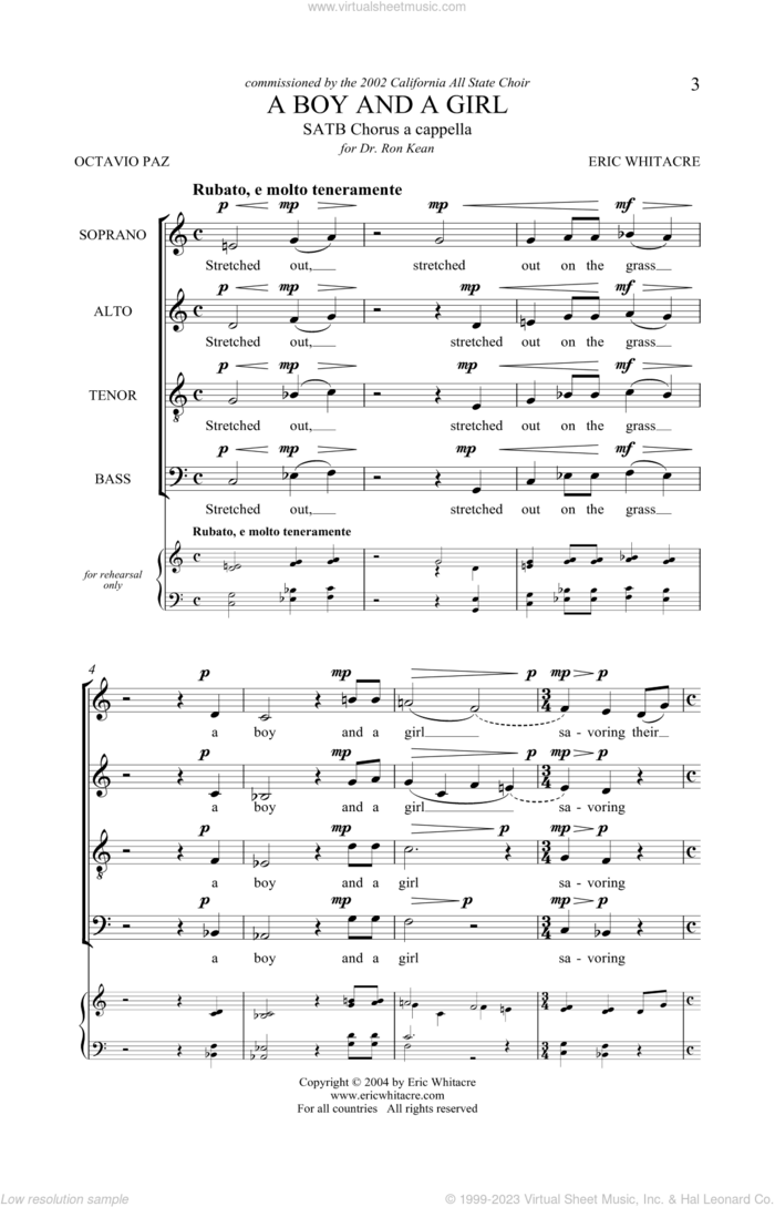 A Boy And A Girl sheet music for choir (SATB: soprano, alto, tenor, bass) by Eric Whitacre, Muriel Rukeyser and Octavio Paz, intermediate skill level