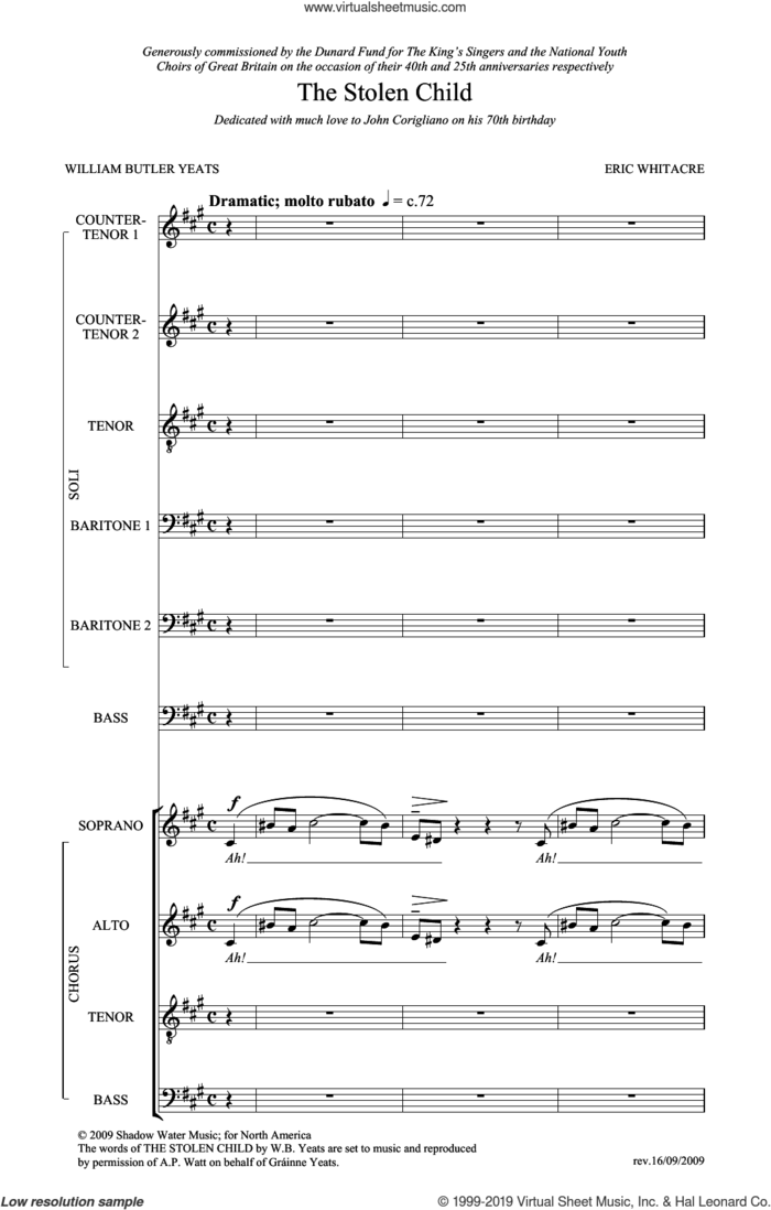 The Stolen Child sheet music for choir (SATB: soprano, alto, tenor, bass) by Eric Whitacre and William Butler Yeats, intermediate skill level