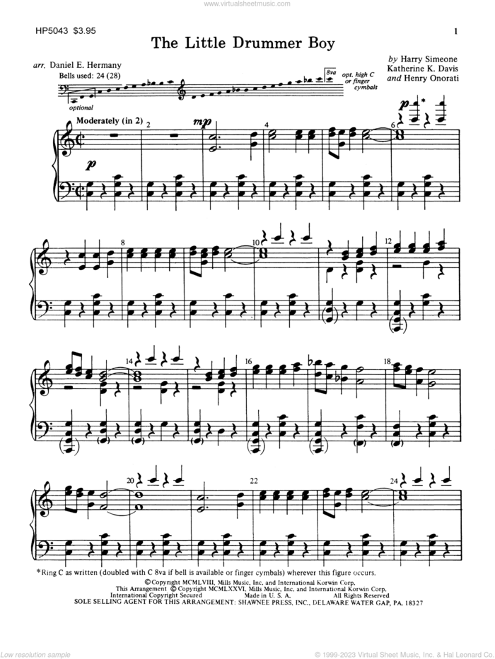 The Little Drummer Boy (arr. Daniel Hermany) sheet music for orchestra/band (handbells 3 oct plus c3,f3,g3) by Katherine Davis, Daniel Hermany, Harry Simeone and Henry Onorati, intermediate skill level