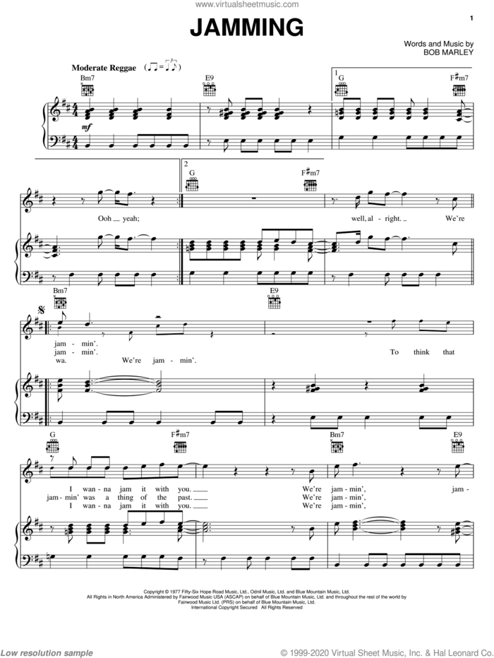 Jamming sheet music for voice, piano or guitar by Bob Marley, intermediate skill level