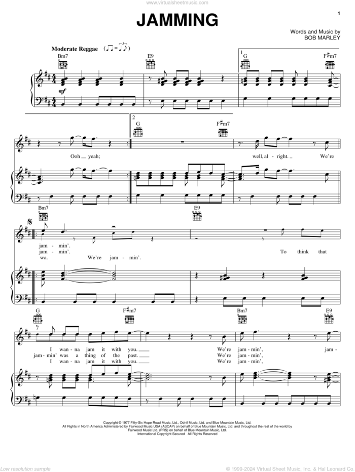 Jamming sheet music for voice, piano or guitar by Bob Marley, intermediate skill level