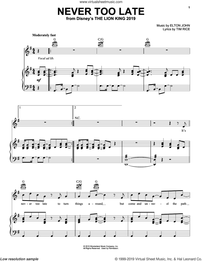 Never Too Late (from The Lion King 2019) sheet music for voice, piano or guitar by Elton John, Hans Zimmer and Tim Rice, intermediate skill level