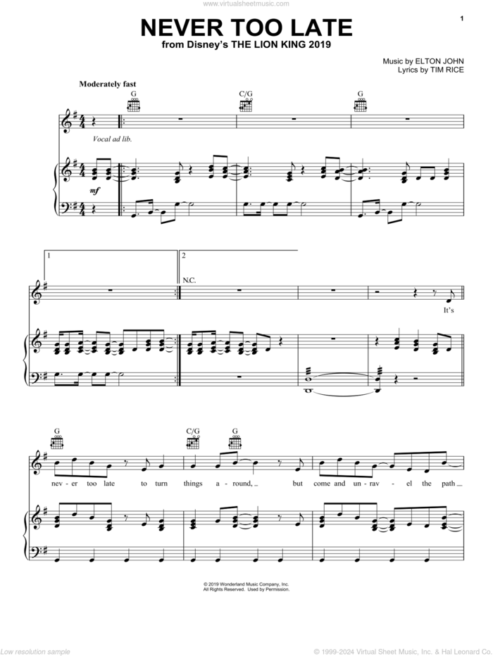Never Too Late (from The Lion King 2019) sheet music for voice, piano or guitar by Elton John, Hans Zimmer and Tim Rice, intermediate skill level