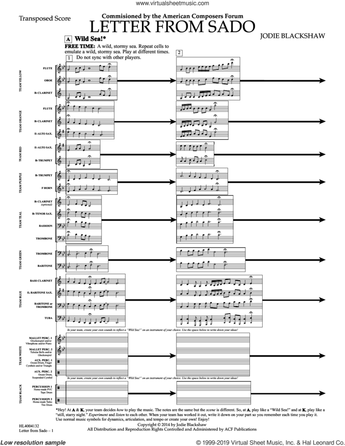 Letter From Sado sheet music for concert band (full score) by Jodie Blackshaw, intermediate skill level
