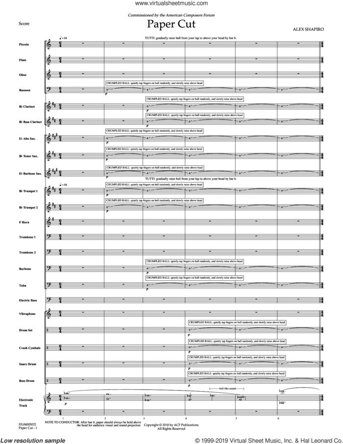 Paper Cut sheet music for concert band (full score) by Alex Shapiro, intermediate skill level