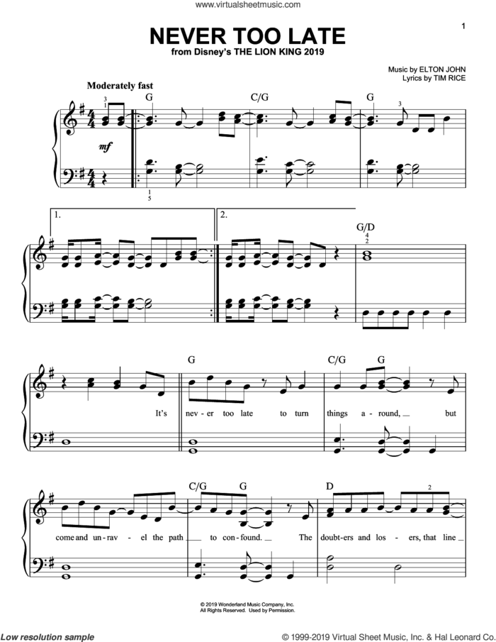 Never Too Late (from The Lion King 2019) sheet music for piano solo by Elton John and Tim Rice, easy skill level
