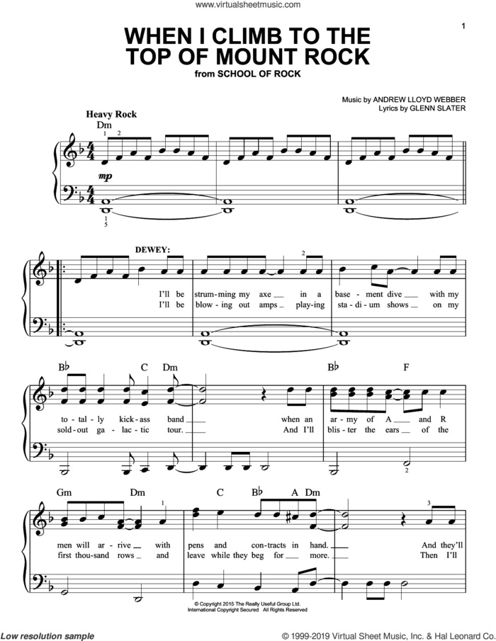 When I Climb To The Top Of Mount Rock (from School of Rock: The Musical) sheet music for piano solo by Andrew Lloyd Webber and Glenn Slater, easy skill level