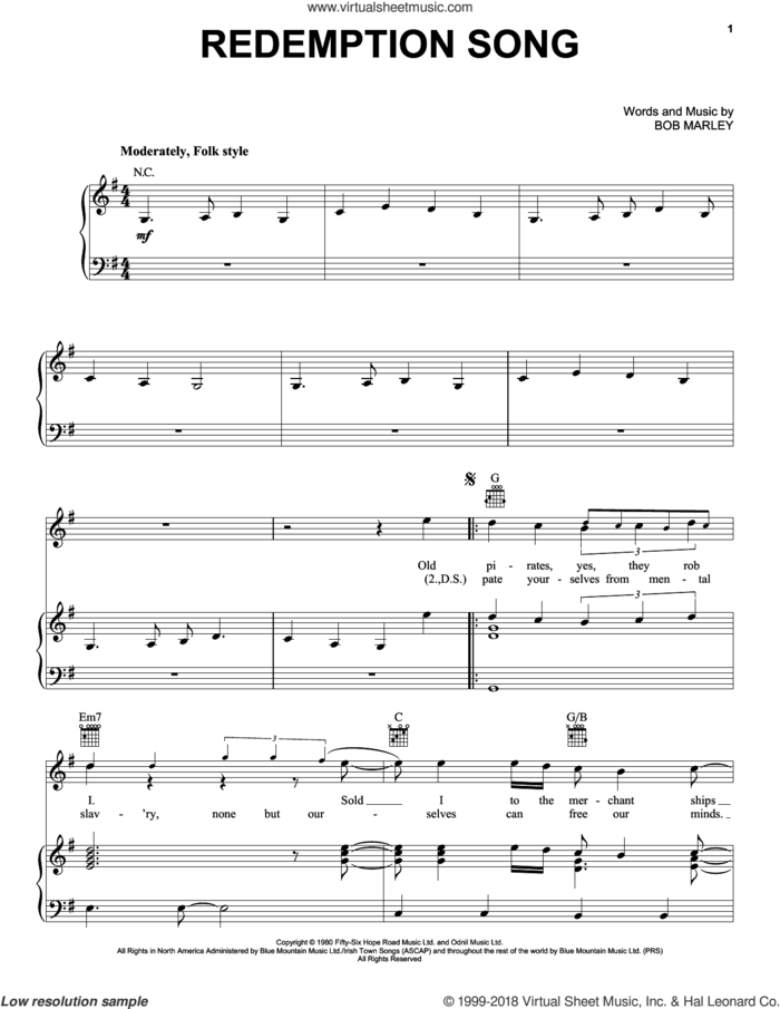 Redemption Song sheet music for voice, piano or guitar by Bob Marley and Johnny Cash, intermediate skill level