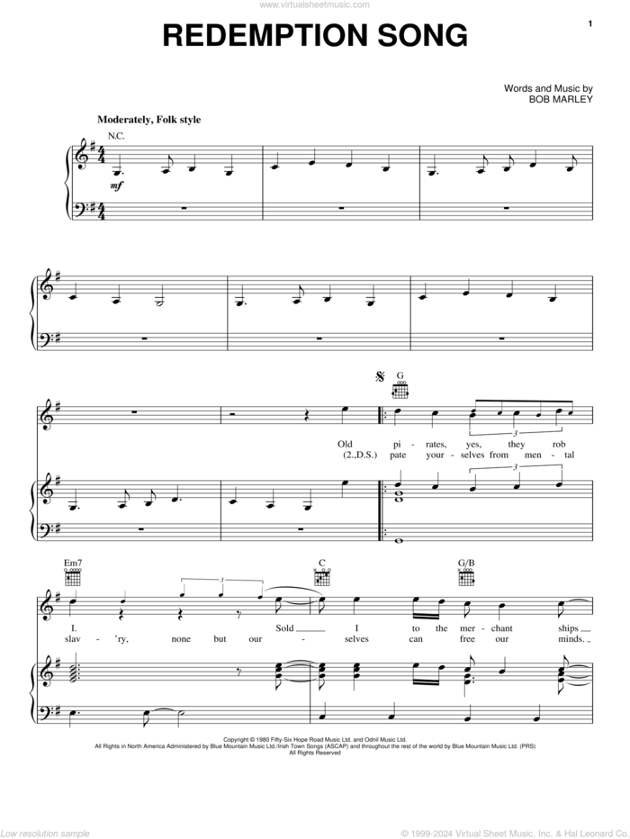 Redemption Song sheet music for voice, piano or guitar by Bob Marley and Johnny Cash, intermediate skill level