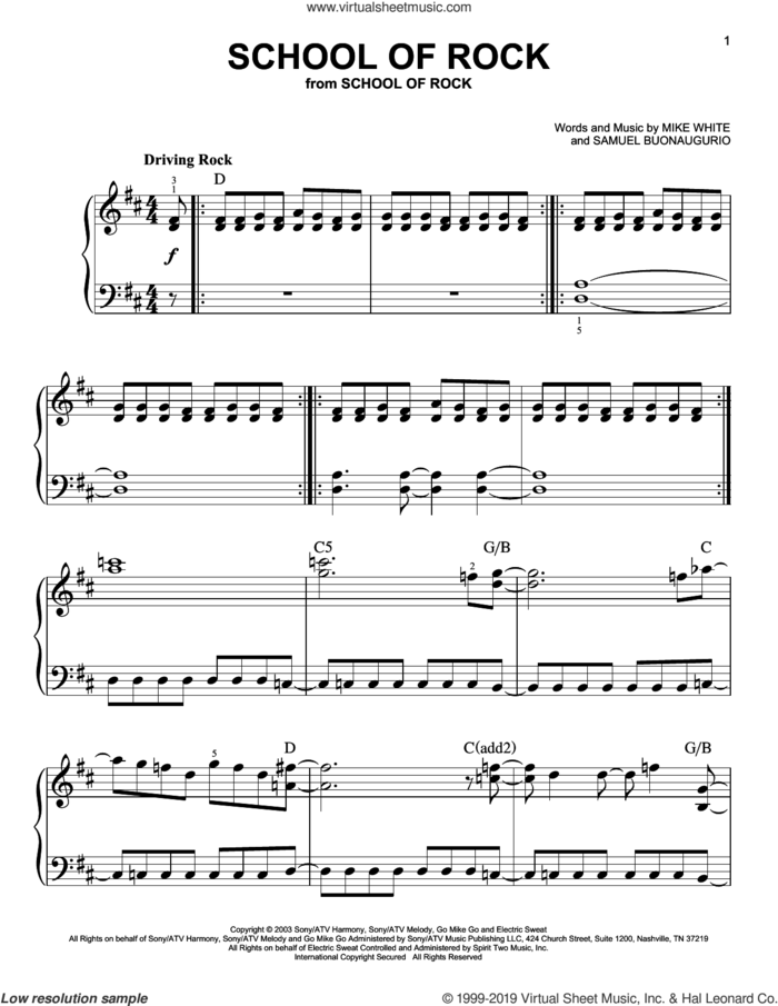 School Of Rock (from School of Rock: The Musical) sheet music for piano solo by Mike White and Samuel Buonaugurio, Mike White and Samuel Buonaugurio, easy skill level