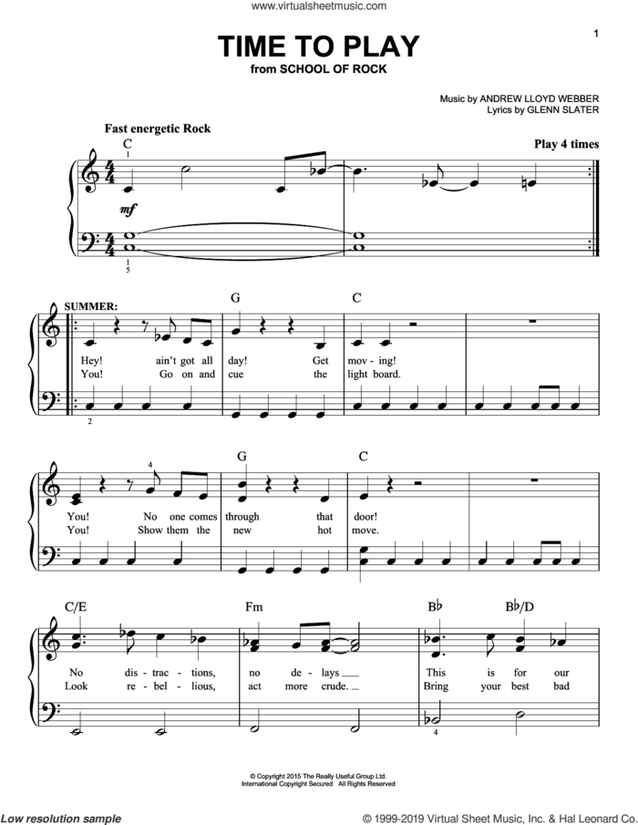 Time To Play (from School of Rock: The Musical) sheet music for piano solo by Andrew Lloyd Webber and Glenn Slater, easy skill level