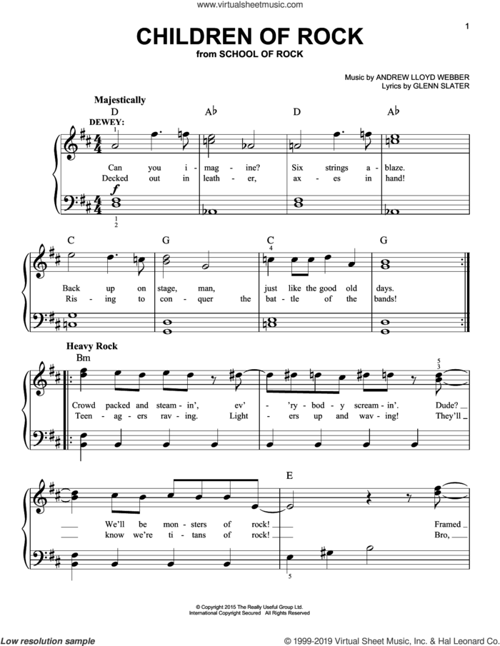 Children Of Rock (from School of Rock: The Musical) sheet music for piano solo by Andrew Lloyd Webber and Glenn Slater, easy skill level