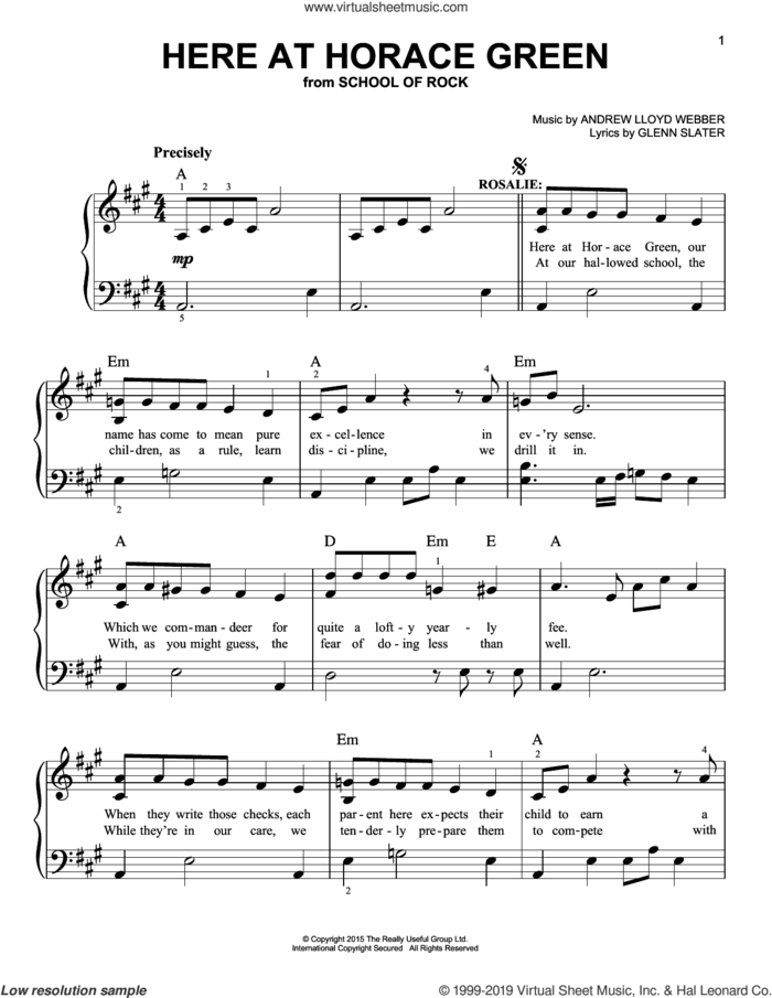 Here At Horace Green (from School of Rock: The Musical) sheet music for piano solo by Andrew Lloyd Webber and Glenn Slater, easy skill level