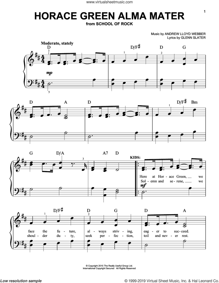 Horace Green Alma Mater (from School of Rock: The Musical) sheet music for piano solo by Andrew Lloyd Webber and Glenn Slater, easy skill level