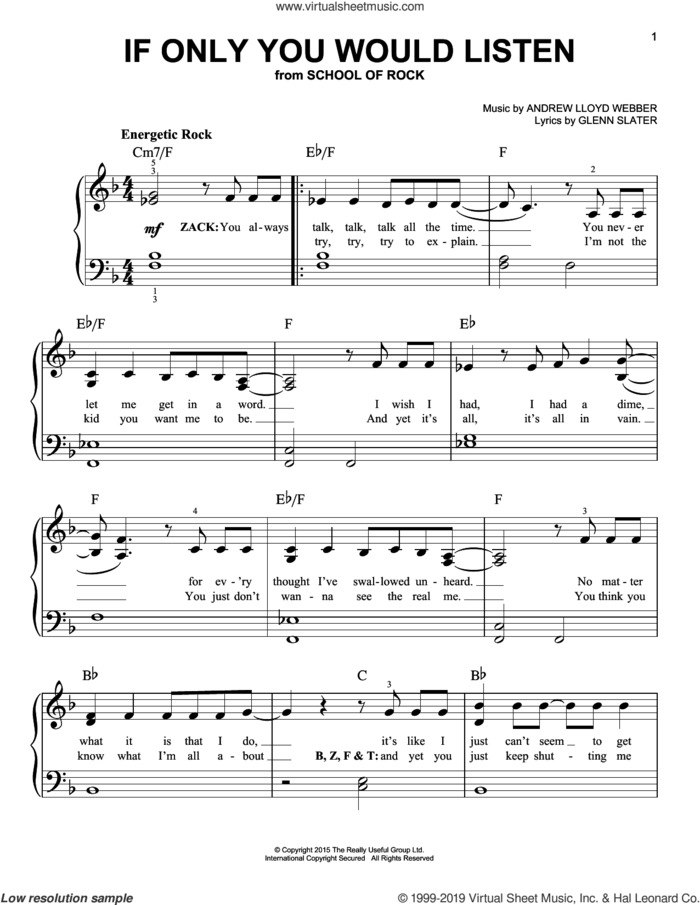 If Only You Would Listen (from School of Rock: The Musical), (easy) sheet music for piano solo by Andrew Lloyd Webber and Glenn Slater, easy skill level
