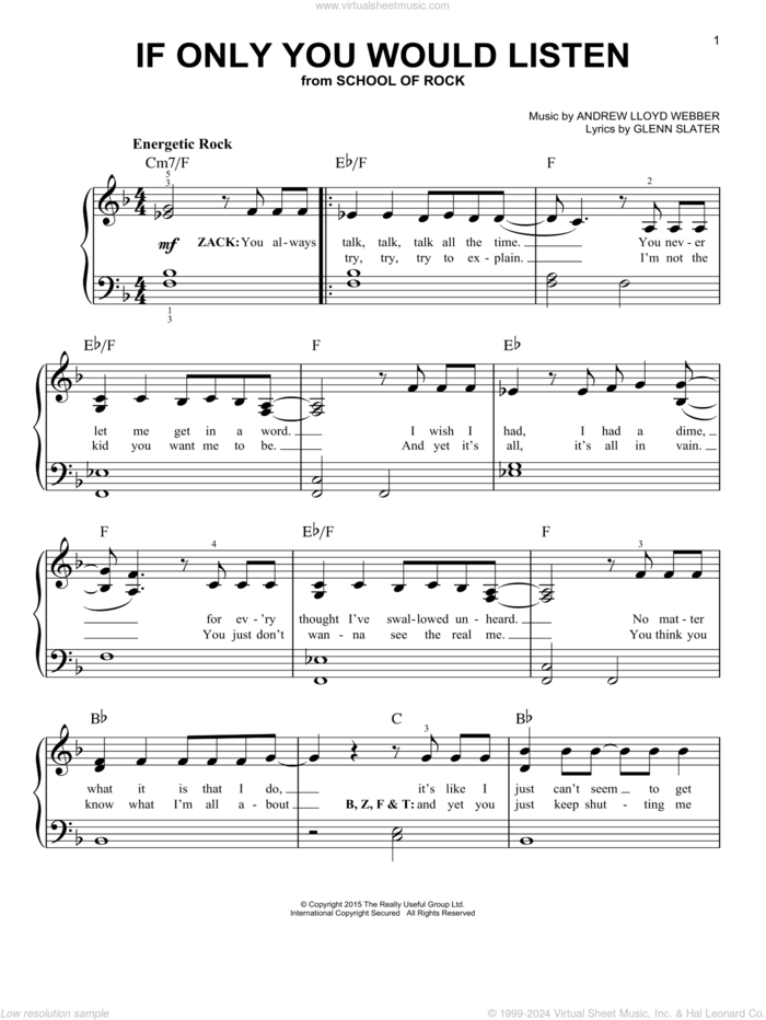 If Only You Would Listen (from School of Rock: The Musical), (easy) sheet music for piano solo by Andrew Lloyd Webber and Glenn Slater, easy skill level