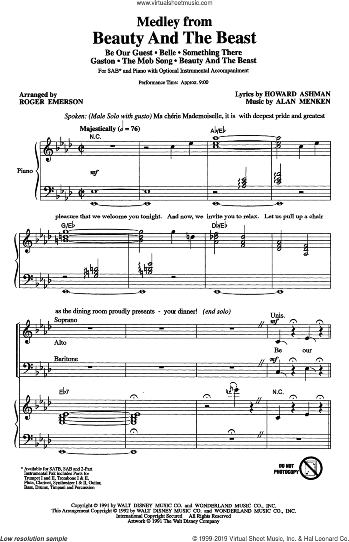Beauty And The Beast (Medley) (arr. Roger Emerson) sheet music for choir (SAB: soprano, alto, bass) by Alan Menken, Roger Emerson, Alan Menken & Howard Ashman and Howard Ashman, intermediate skill level