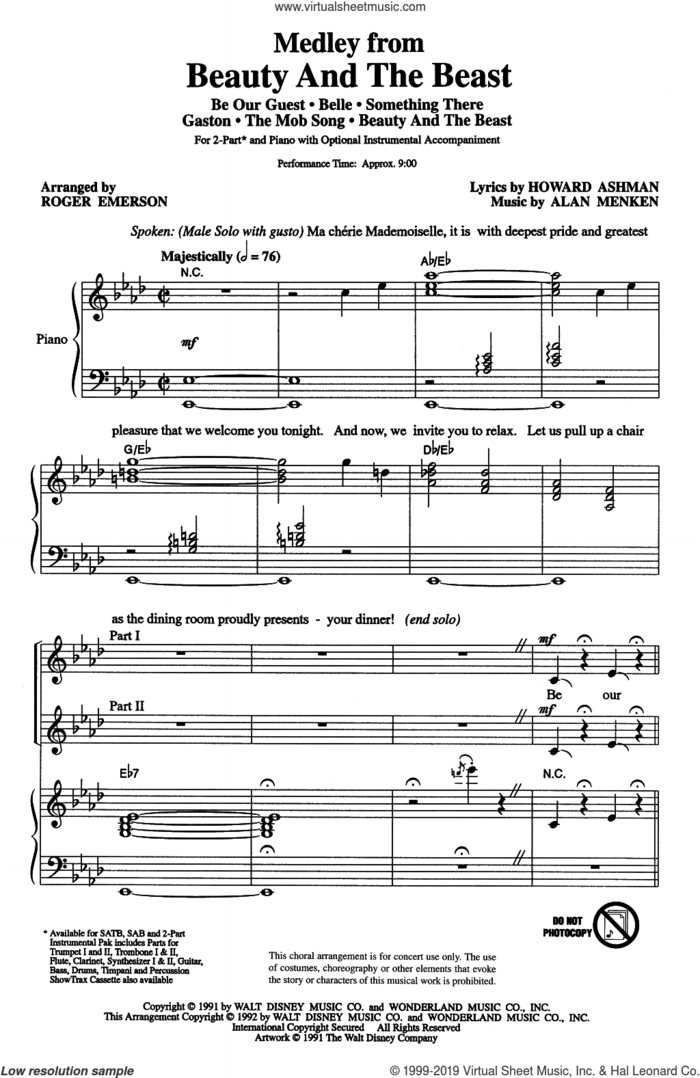 Beauty And The Beast (Medley) (arr. Roger Emerson) sheet music for choir (2-Part) by Alan Menken, Roger Emerson, Alan Menken & Howard Ashman and Howard Ashman, intermediate duet