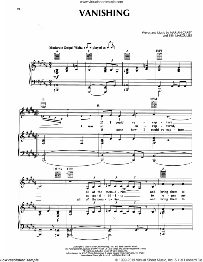 Vanishing sheet music for voice, piano or guitar by Mariah Carey and Ben Margulies, intermediate skill level