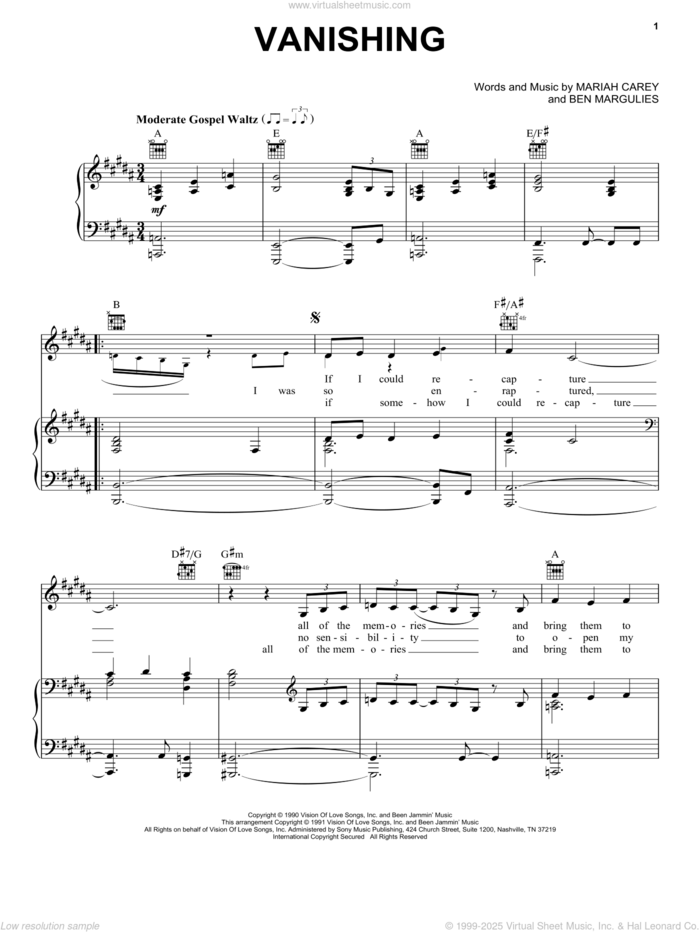 Vanishing sheet music for voice, piano or guitar by Mariah Carey and Ben Margulies, intermediate skill level