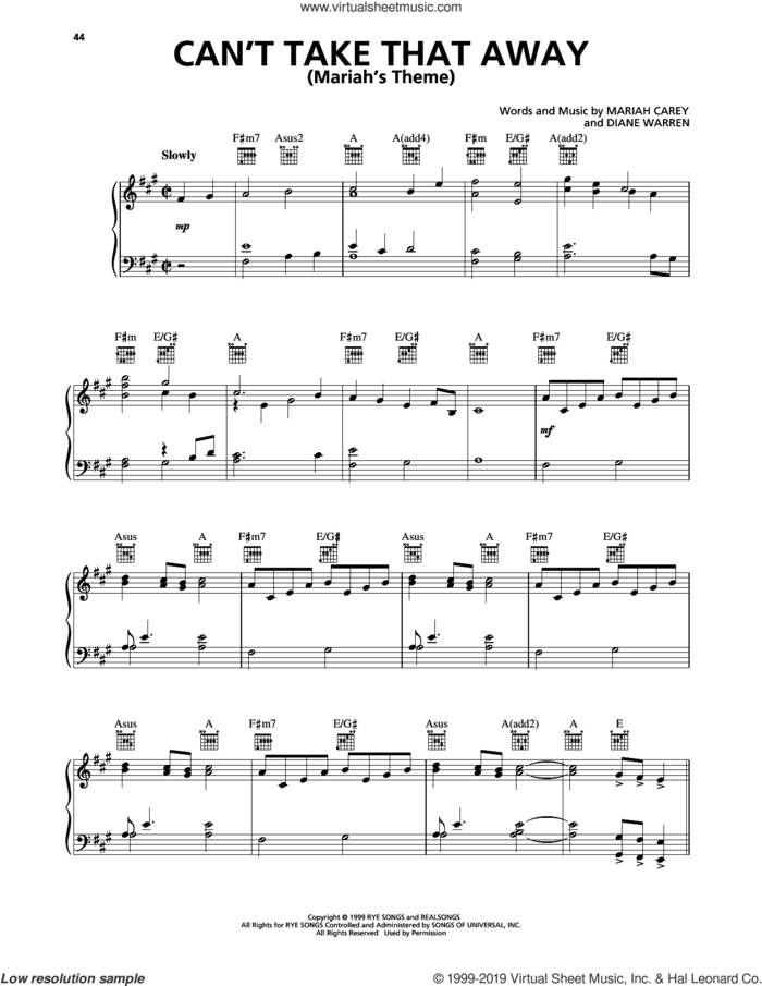 Can't Take That Away (Mariah's Theme) sheet music for voice, piano or guitar by Mariah Carey and Diane Warren, intermediate skill level