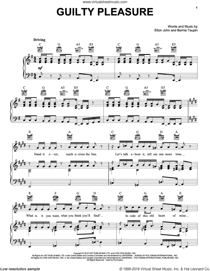 Guilty Pleasure sheet music for voice, piano or guitar by Elton John and Bernie Taupin, intermediate skill level