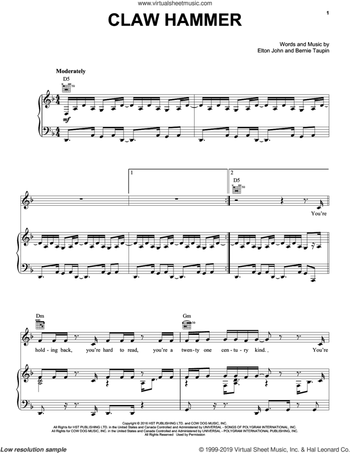 Claw Hammer sheet music for voice, piano or guitar by Elton John and Bernie Taupin, intermediate skill level