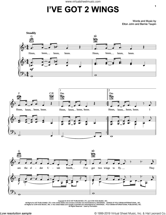 I've Got 2 Wings sheet music for voice, piano or guitar by Elton John and Bernie Taupin, intermediate skill level