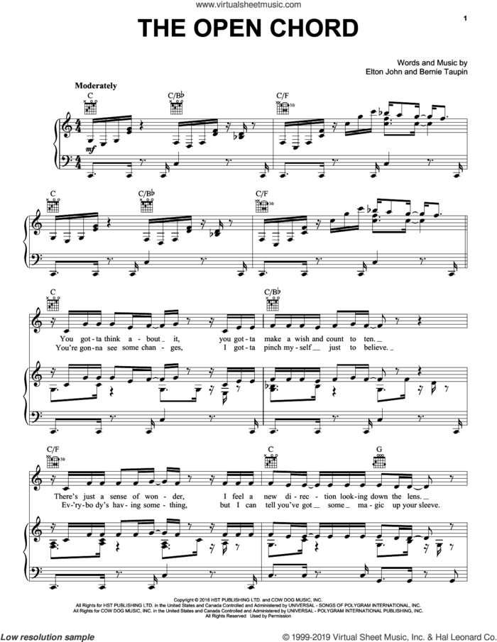 The Open Chord sheet music for voice, piano or guitar by Elton John and Bernie Taupin, intermediate skill level