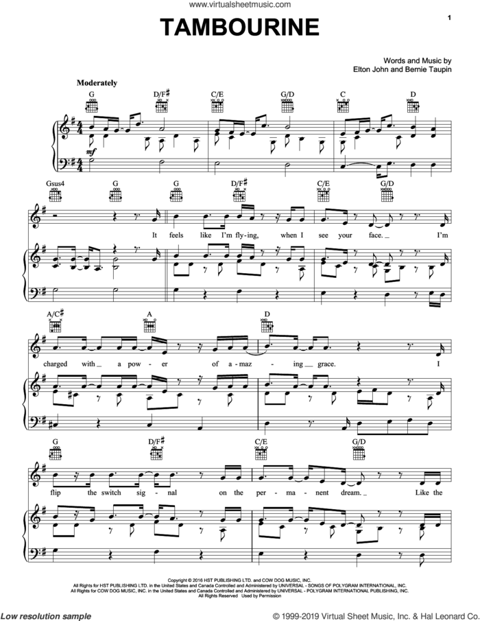 Tambourine sheet music for voice, piano or guitar by Elton John and Bernie Taupin, intermediate skill level