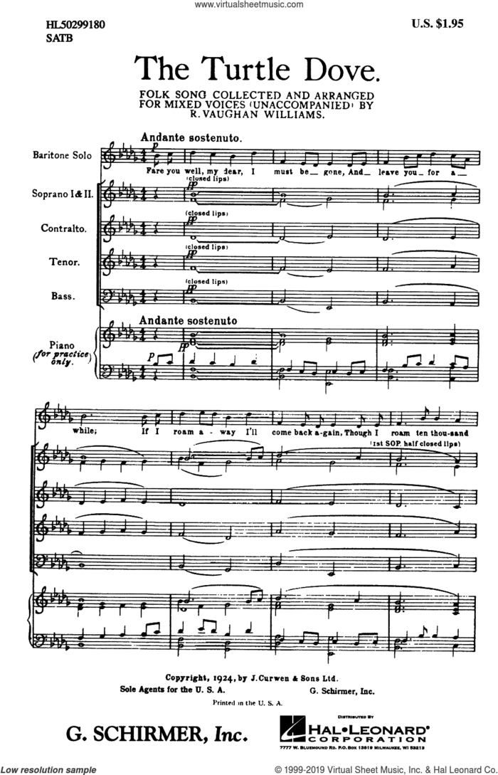 The Turtle Dove sheet music for choir (SATB: soprano, alto, tenor, bass) by Ralph Vaughan Williams, intermediate skill level