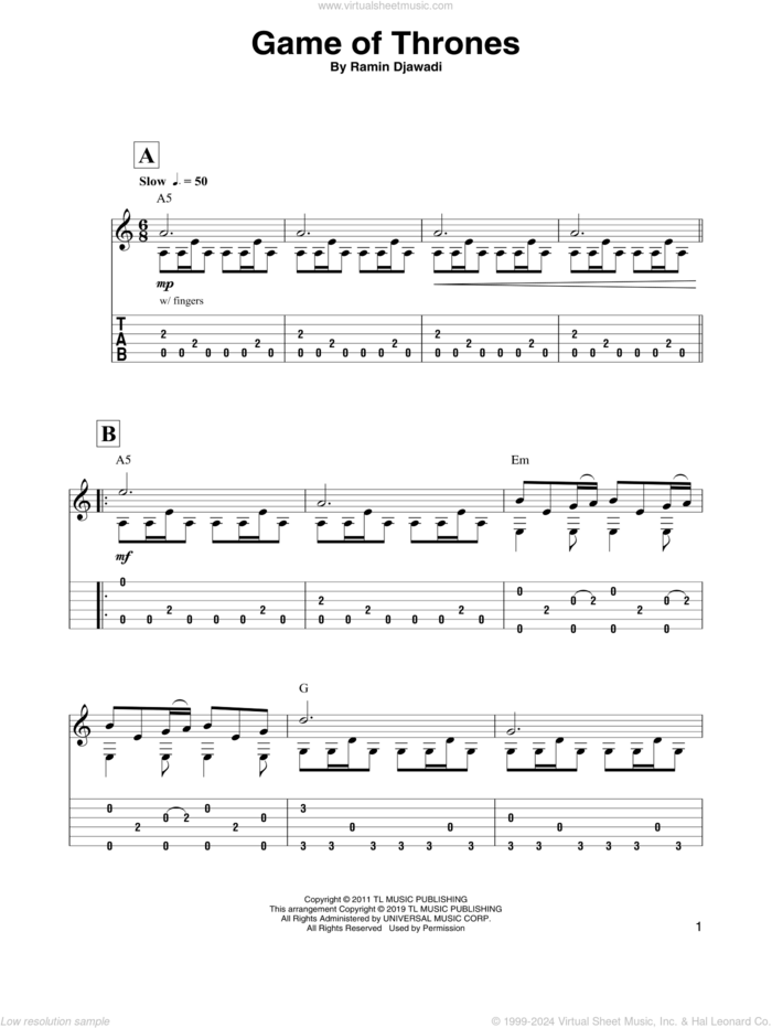 Game Of Thrones sheet music for guitar solo by Ramin Djawadi, intermediate skill level