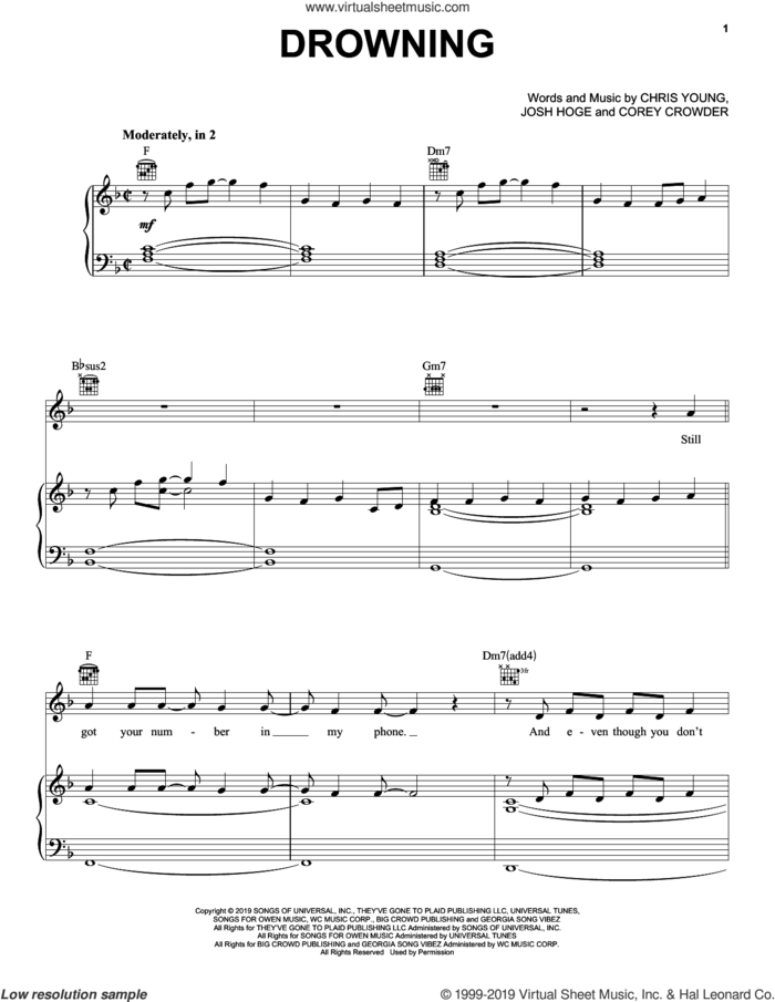 Drowning sheet music for voice, piano or guitar by Chris Young, Corey Crowder and Josh Hoge, intermediate skill level